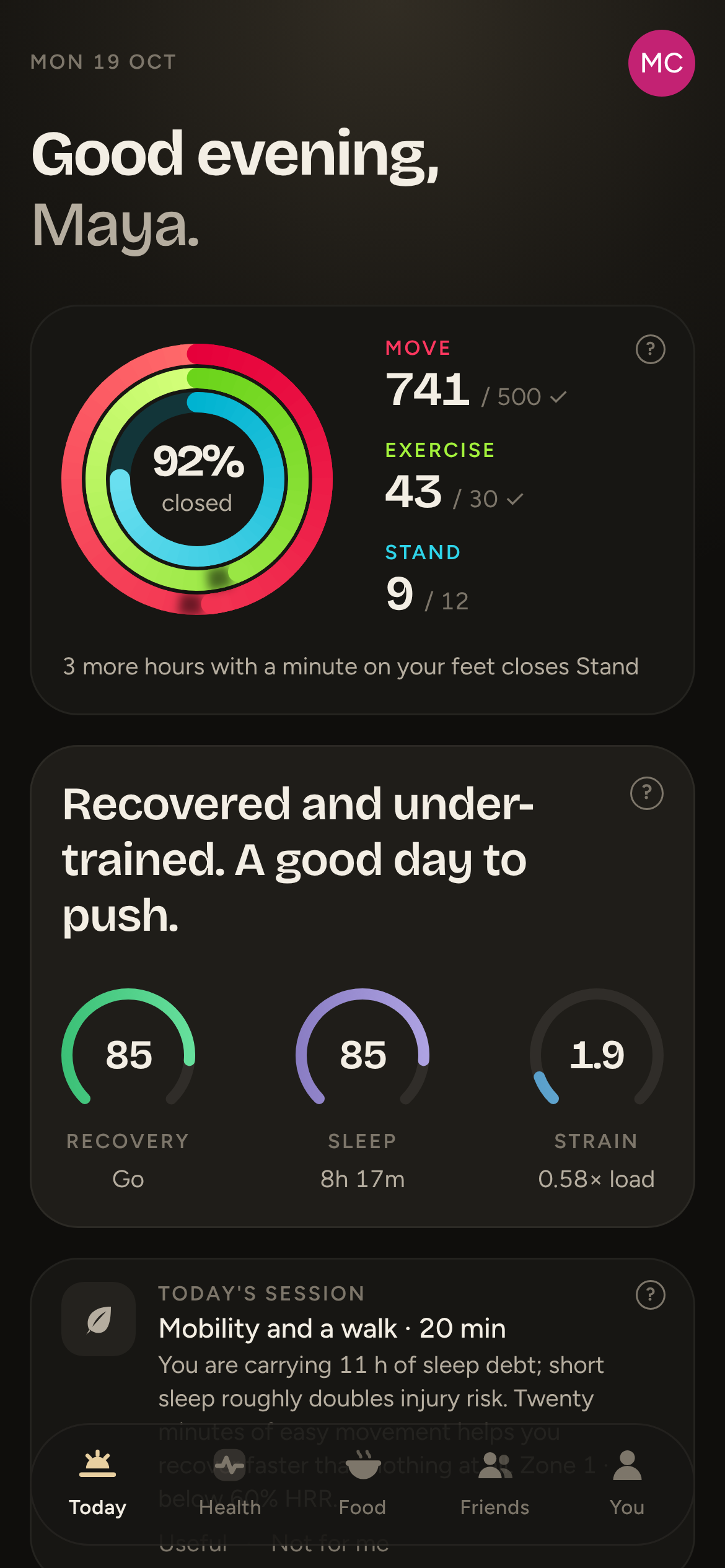 Lack's Today screen: rings, recovery, sleep and strain scores, and the day's focus